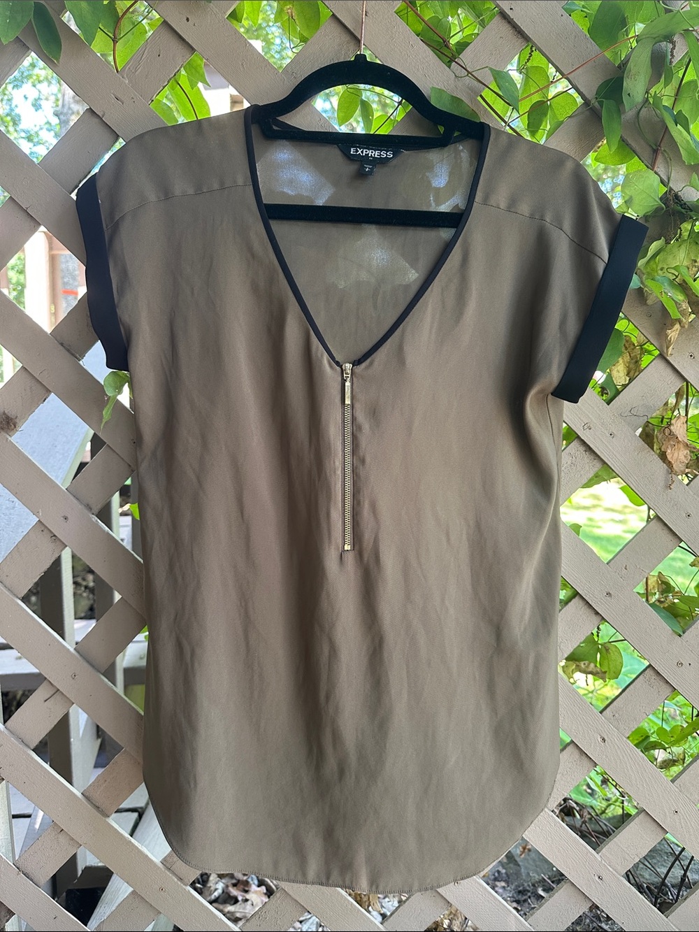 Express Olive Top with Black Trim and Gold Zip